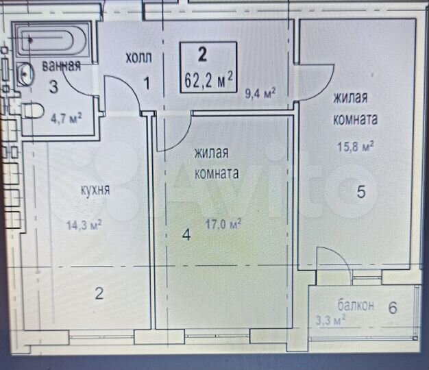 2-к. квартира, 62,2 м², 4/10 эт.