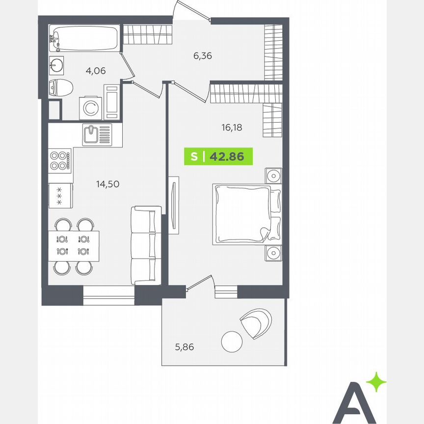 1-к. квартира, 42,9 м², 4/12 эт.