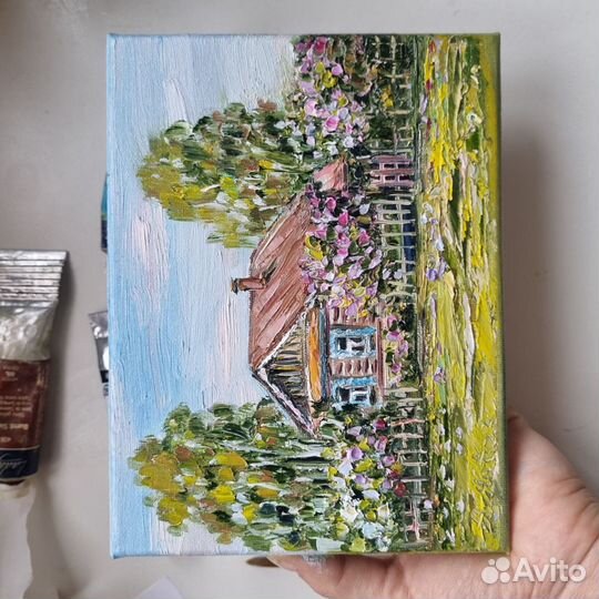 Пейзаж деревенский с домиком сирень картина масло