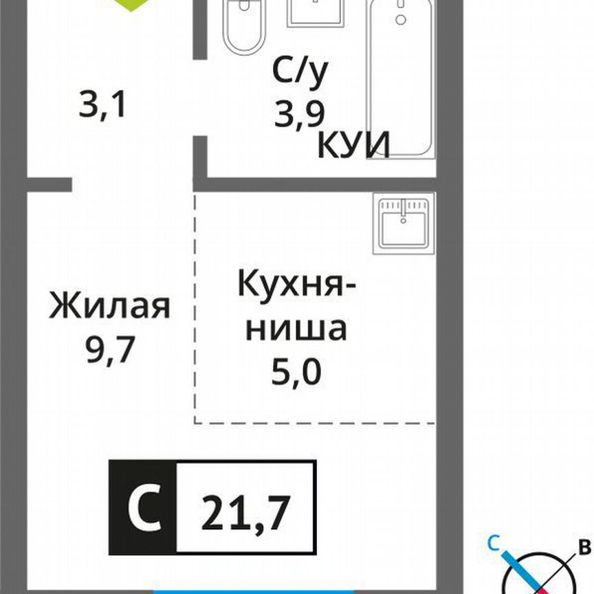 1-к. квартира, 21,7 м², 8/9 эт.