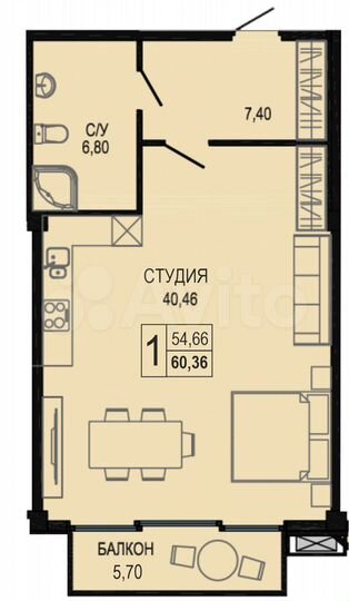 Апартаменты-студия, 60,4 м², 4/7 эт.