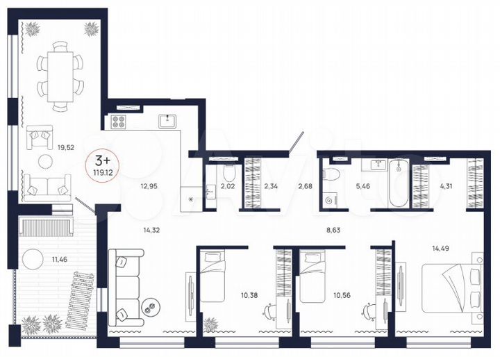 4-к. квартира, 119,1 м², 9/9 эт.