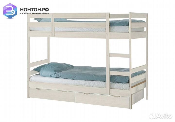 Двухъярусная кровать Пирус с ящиками выбеленная бе