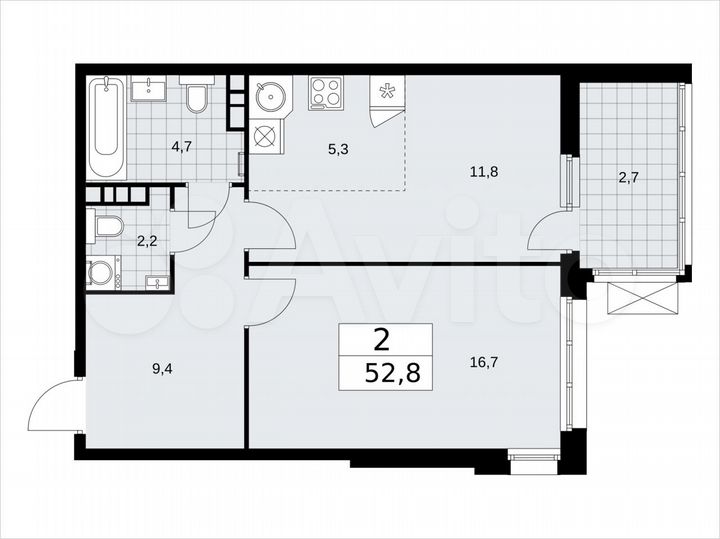 2-к. квартира, 52,8 м², 10/21 эт.