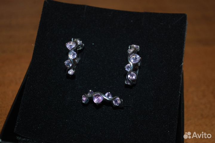 Серебряные серьги конго с аметистами, кольцо (17р)