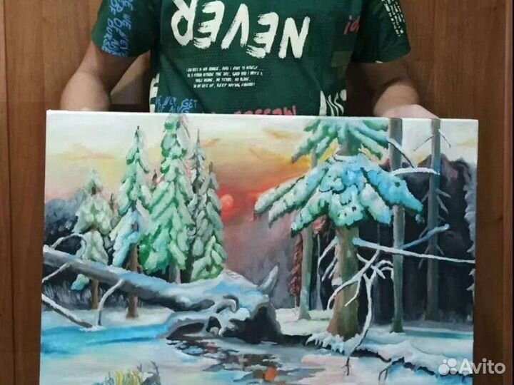 Зимний лес маслом