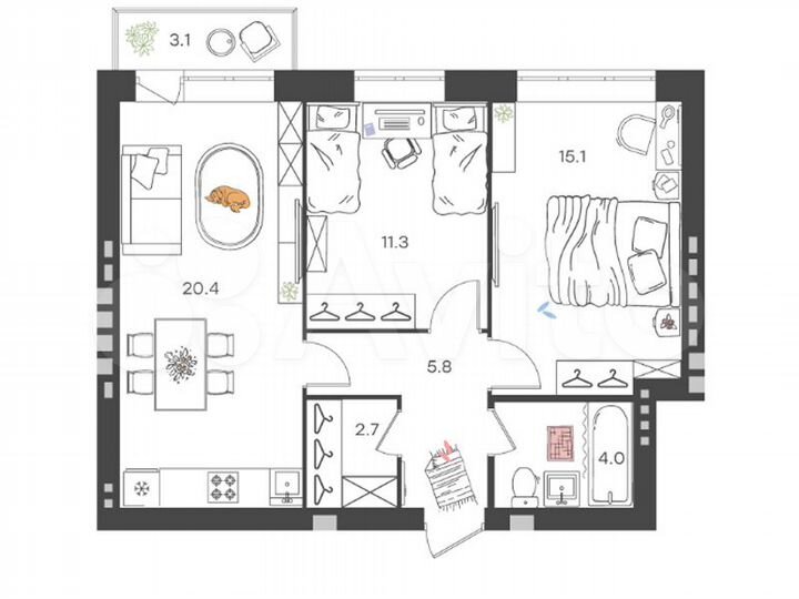 2-к. квартира, 60,2 м², 4/4 эт.