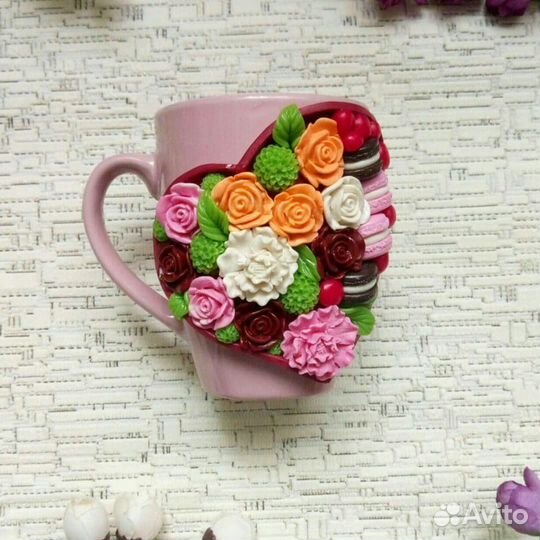 Кружка и ложка с декором из полимерной глины