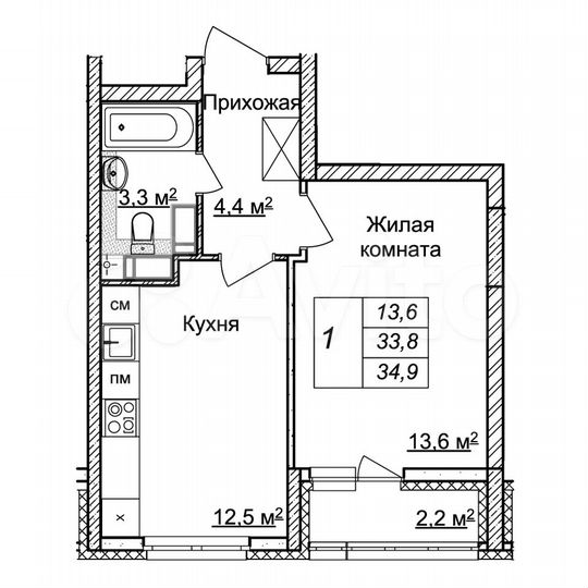 1-к. квартира, 34,9 м², 18/25 эт.