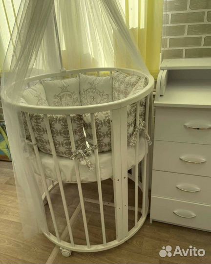 Пеленальный комод 80см. Овальная кроватка 7в1