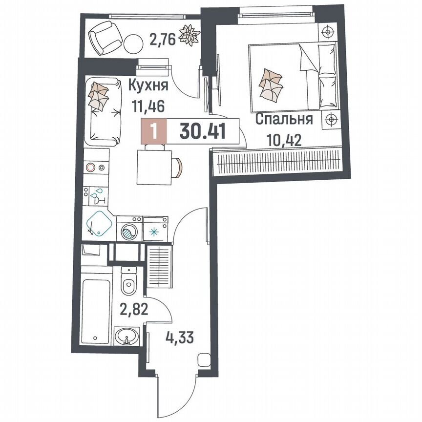 1-к. квартира, 30,4 м², 11/18 эт.