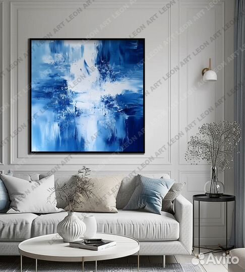 Картина большая на холсте абстракция синий голубой