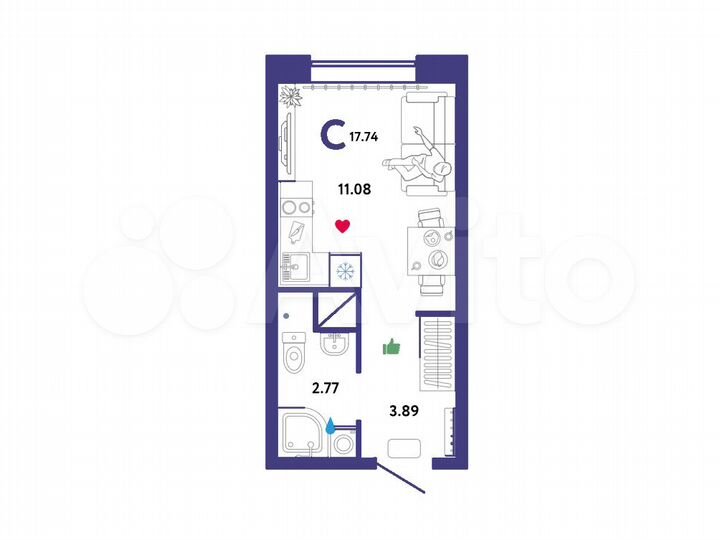 Квартира-студия, 17,7 м², 9/16 эт.