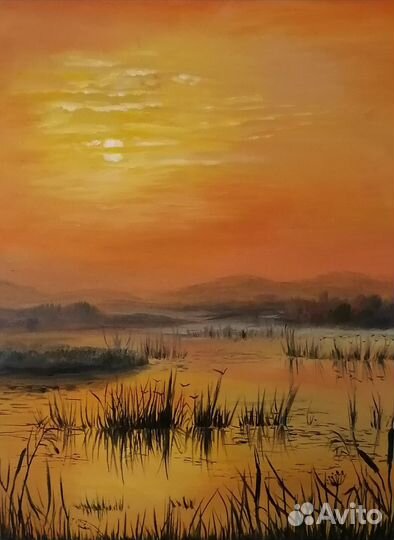 Картина маслом Оранжевый закат над озером