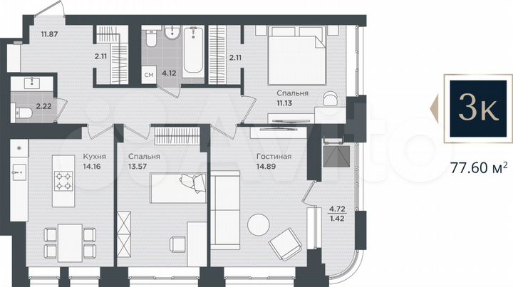 3-к. квартира, 77,6 м², 21/24 эт.
