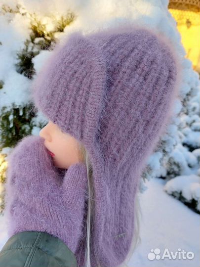 Шапка ушанка вязаная из пуха норки Варежки Снуд