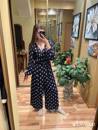 Комбинезон женский летний 46 горох зеленый на син