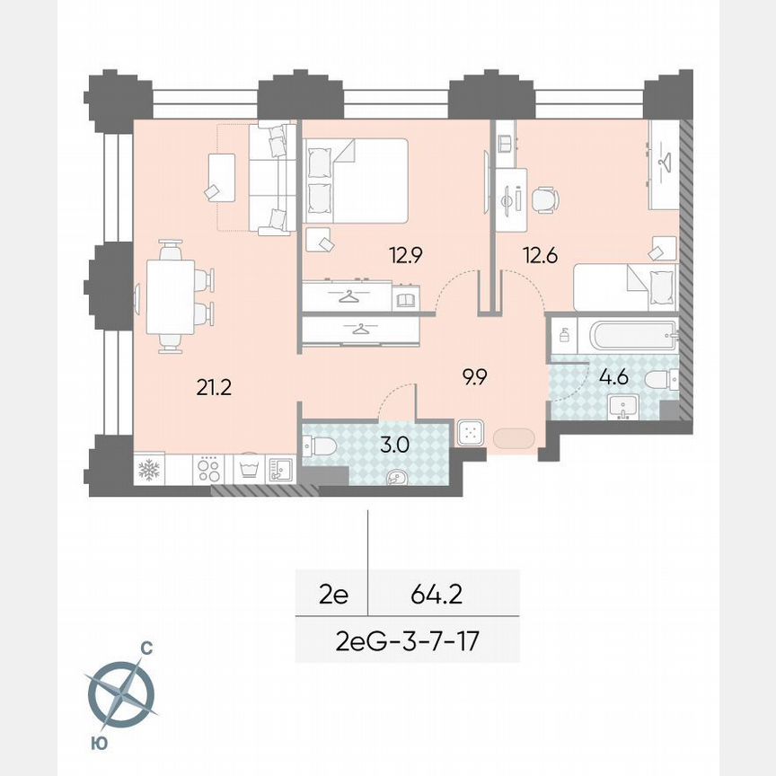 2-к. квартира, 64,2 м², 11/43 эт.