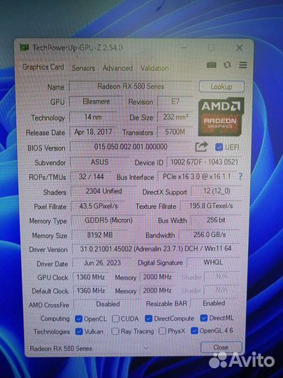 Видеокарта Asus RX 580 8GB