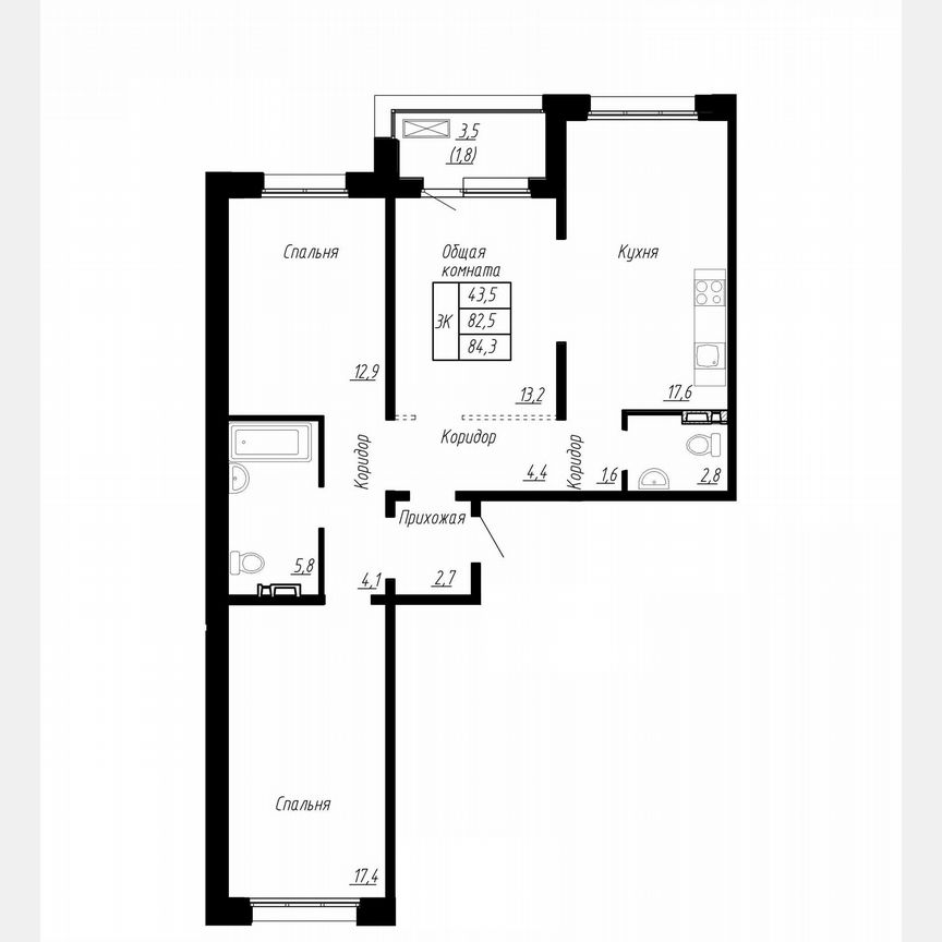 3-к. квартира, 84,3 м², 8/17 эт.