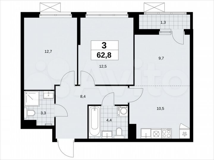 3-к. квартира, 62,8 м², 10/11 эт.