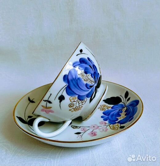 Чашка с блюдцем лфз голубой Роза Наркомпрос