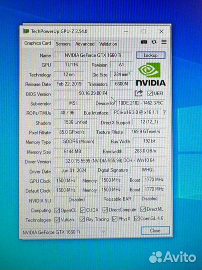 Видеокарта Msi GTX 1660 Ti gaming 6GB