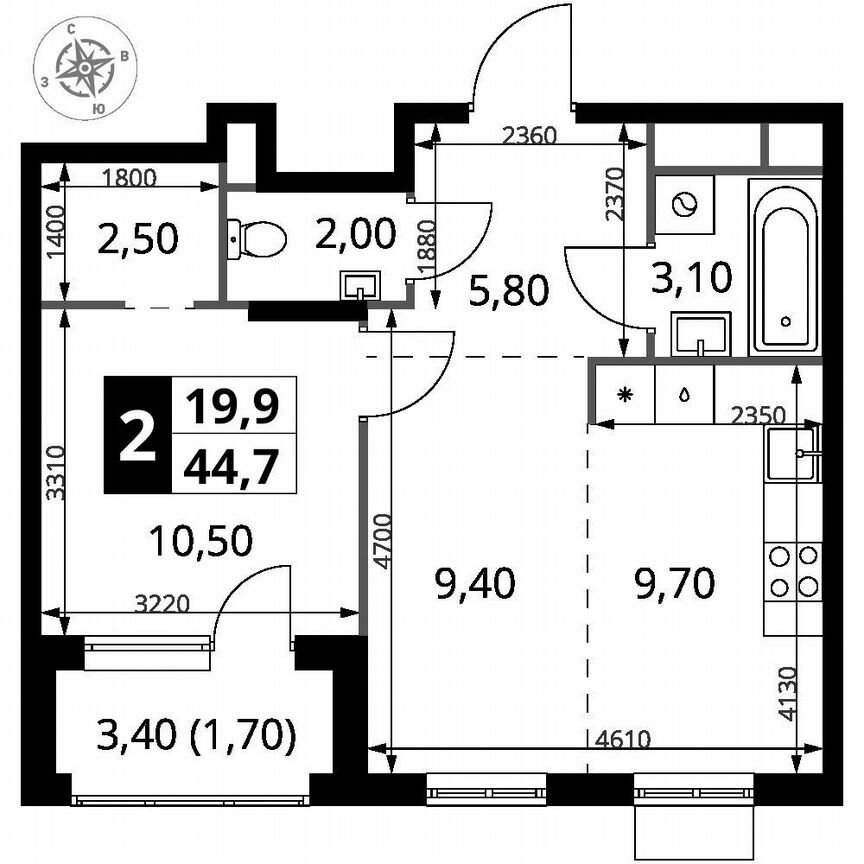1-к. квартира, 44,7 м², 2/7 эт.