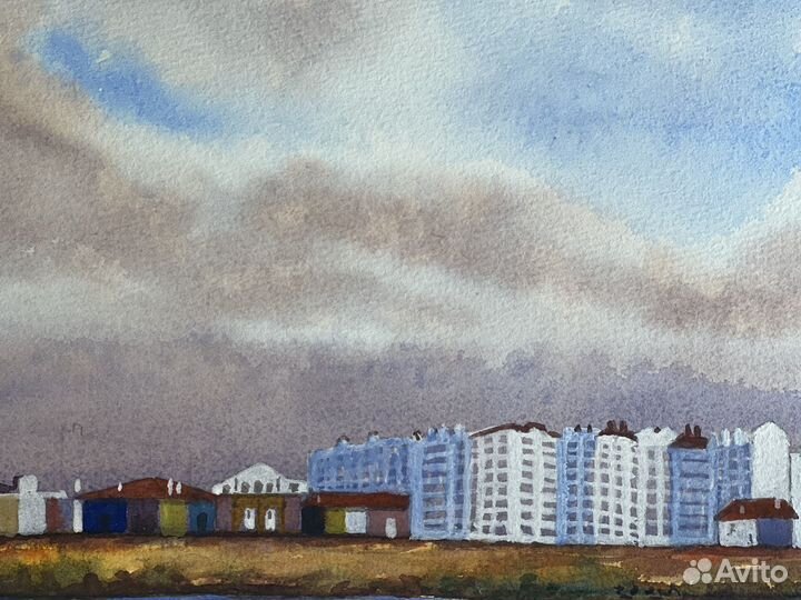 Город у моря картина акварель