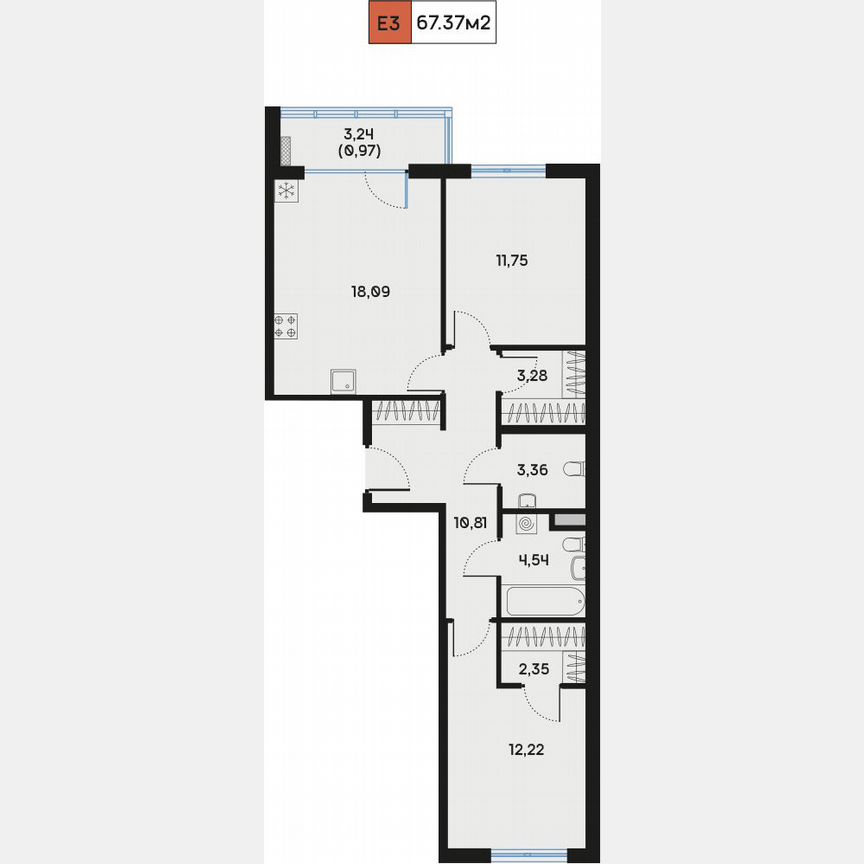 2-к. квартира, 67,8 м², 3/9 эт.
