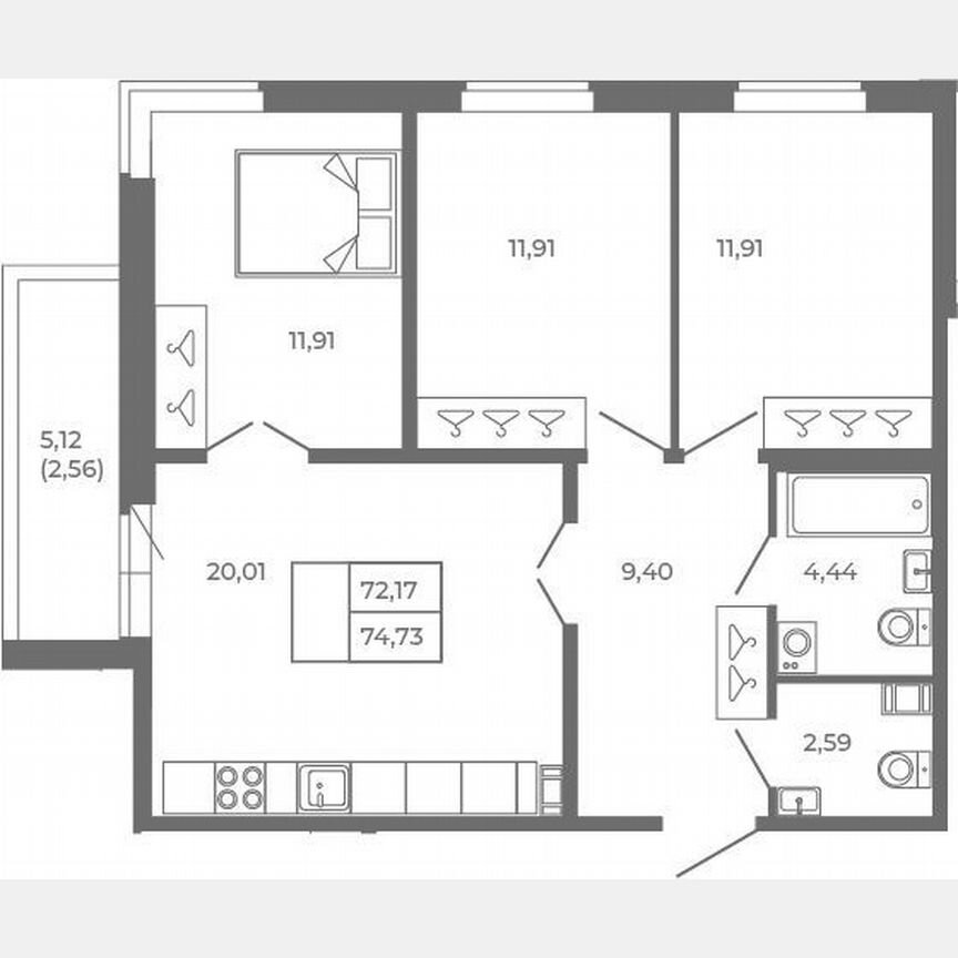 4-к. квартира, 72,2 м², 3/4 эт.