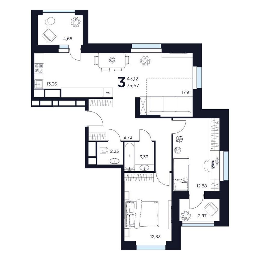 3-к. квартира, 75,6 м², 7/8 эт.