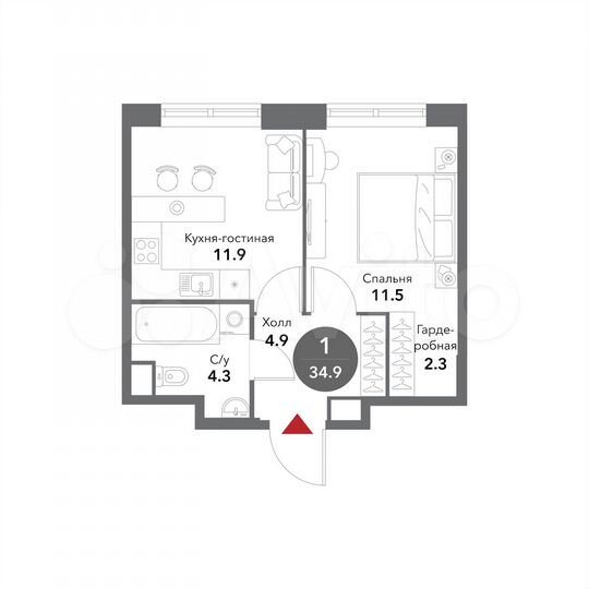 1-к. квартира, 34,9 м², 8/20 эт.