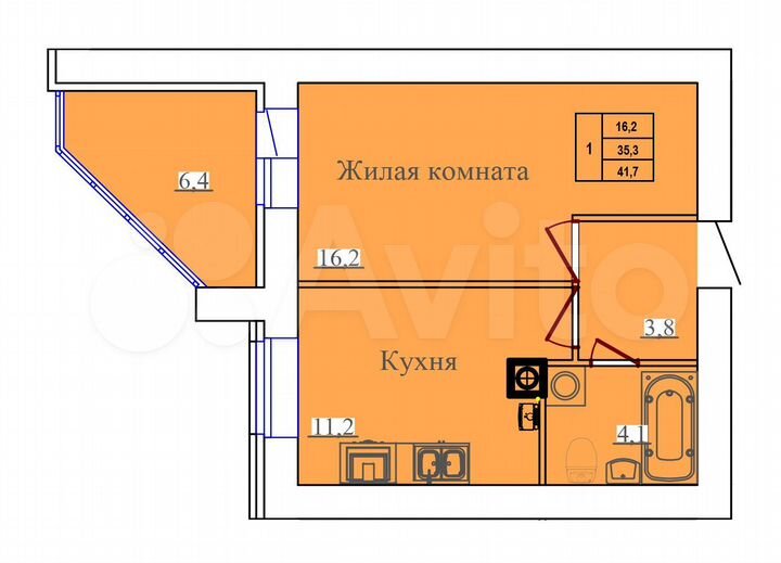 1-к. квартира, 41,7 м², 3/14 эт.