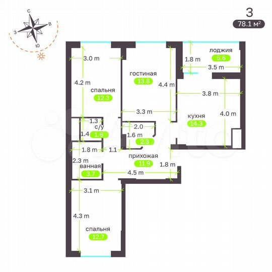 3-к. квартира, 77,7 м², 3/15 эт.