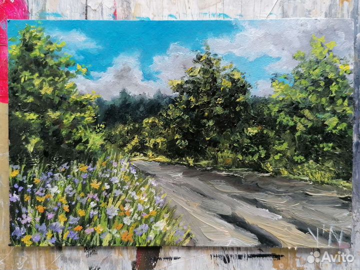 Картина маслом летний пейзаж с дорогой