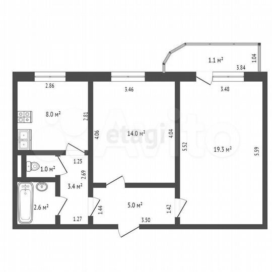 2-к. квартира, 53,3 м², 3/10 эт.