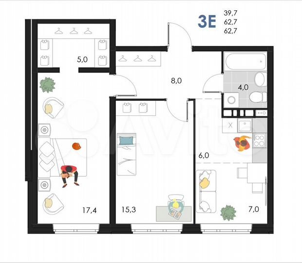 3-к. квартира, 62,7 м², 4/6 эт.