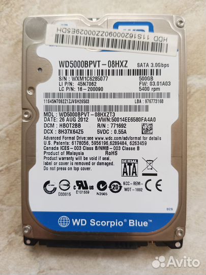Жёсткий диск 500gb 2.5 WD500bpvt для ноутбука