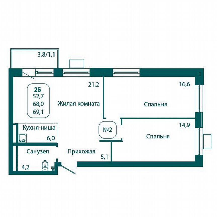 2-к. квартира, 69,1 м², 15/17 эт.