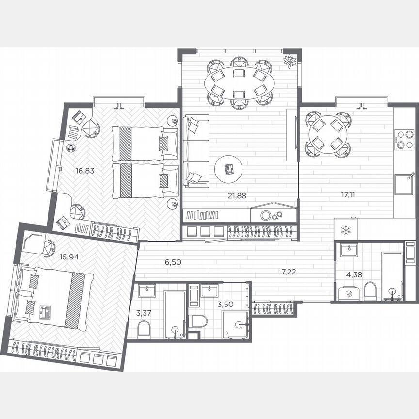 3-к. квартира, 96,7 м², 6/9 эт.