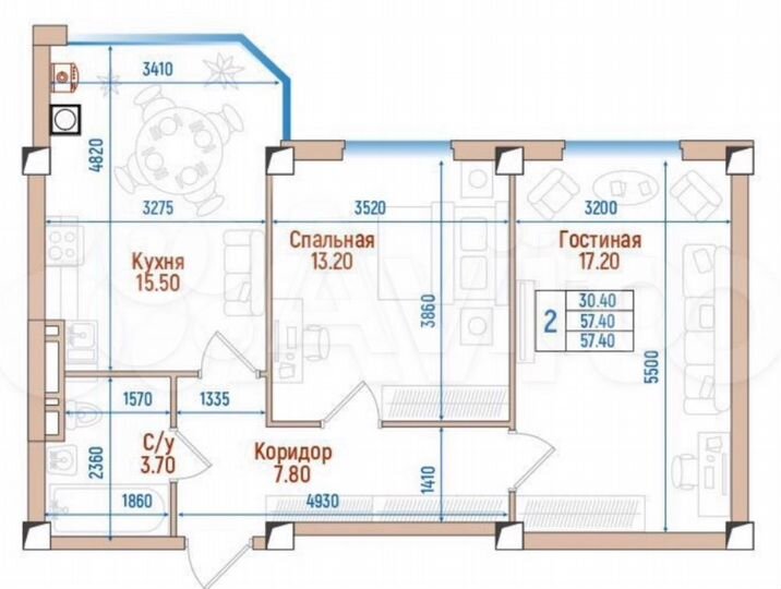 2-к. квартира, 57,4 м², 8/9 эт.