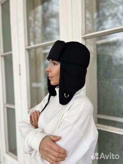 Шапка ушанка женская стеганая черного цвета