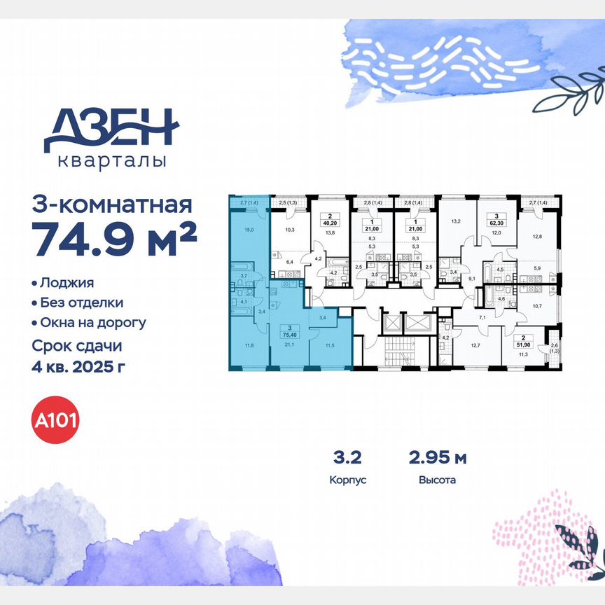 3-к. квартира, 74,9 м², 8/14 эт.