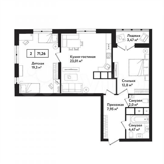 2-к. квартира, 71,3 м², 6/25 эт.