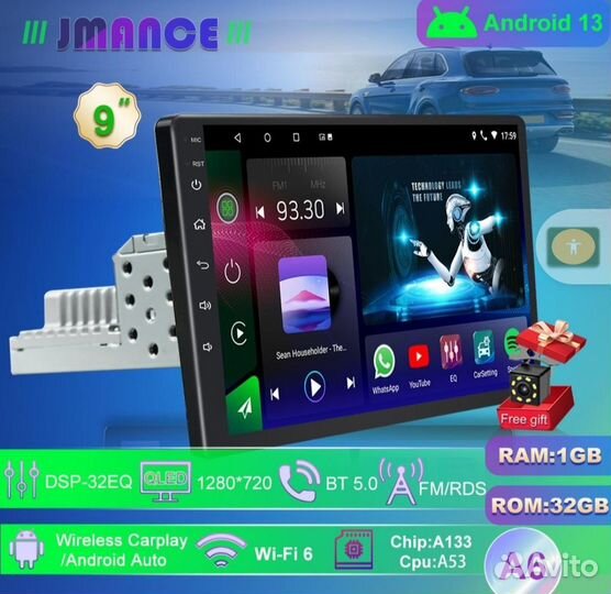 Автомагнитола 1din, android 13, 9