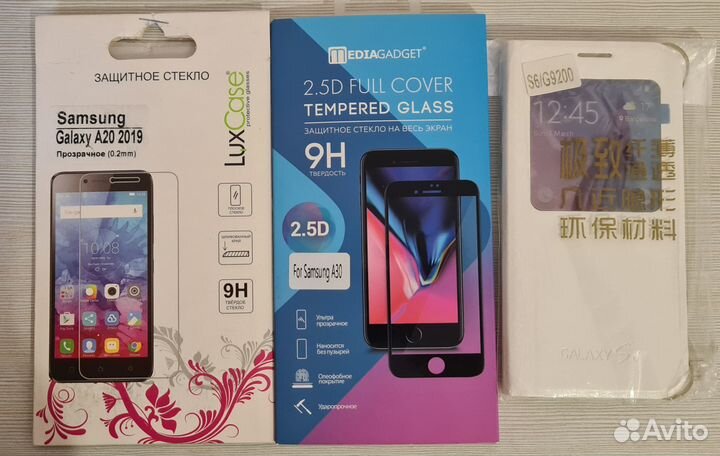 Защитное стекло Samsung A20-50 и чехол-книжка S6