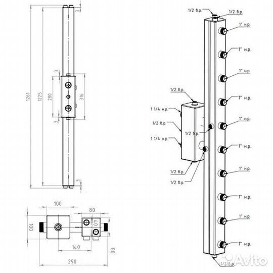 Коллектор+гидрострелка Север V5 (5 контуров) до 70