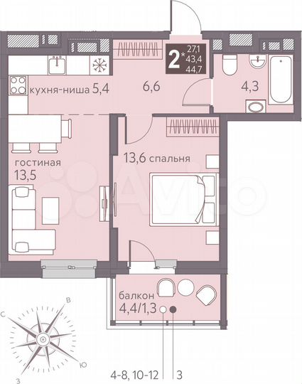 2-к. квартира, 44,7 м², 4/16 эт.