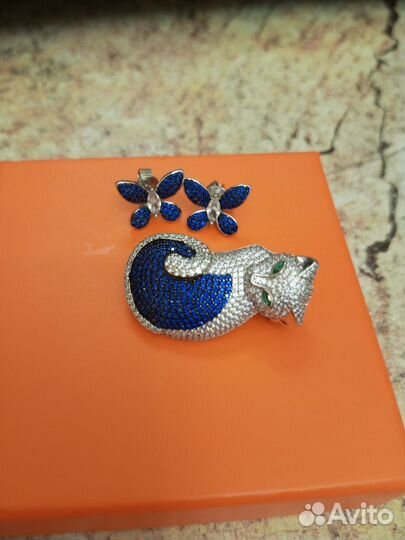 Брошь кошка из серебра и серьги бабочки